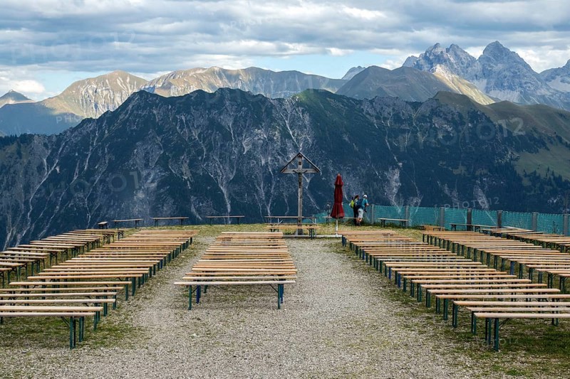 Seating and cruez for mountain service at Schlappoldsee station of the Fellhorn cable car, in the back mountains of the Allgäu Alps, Oberstdorf, Oberallgäu, Bavaria, Germany