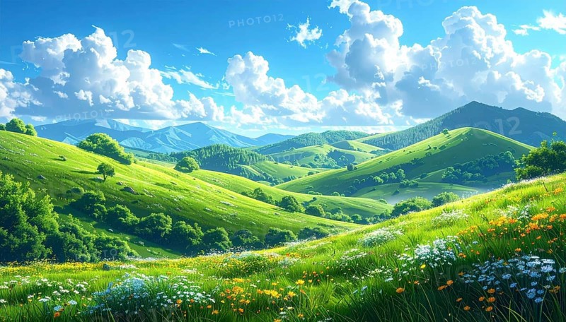 Fresh summer hilly Landscape with blooming Meadow, green plants, Blue Sky with cloudy sky, serene nature background, abstract vector illustration, AI generated