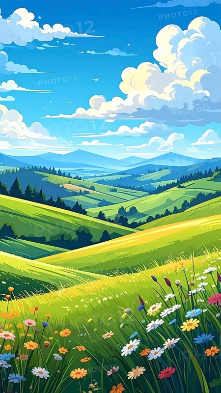 Fresh summer hilly Landscape with blooming Meadow, green plants, Blue Sky with cloudy sky, serene nature background, abstract vector illustration, AI generated