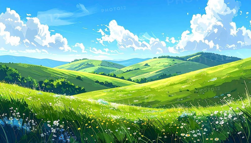 Fresh summer hilly Landscape with blooming Meadow, green plants, Blue Sky with cloudy sky, serene nature background, abstract vector illustration, AI generated