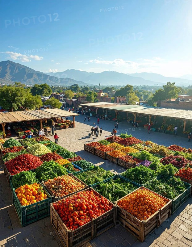 Traditional Mexican plaza with crates of peppers, onions, and tomatoes, economic prosperity in local trade, travel destination in America, AI generated