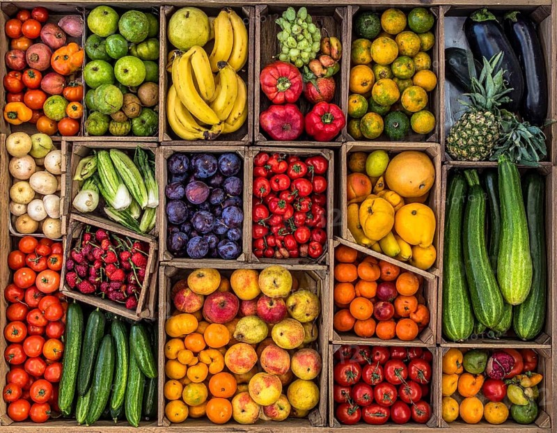 Fresh fruits and vegetables in a market display, aerial view perpendicular top down, healthy eating and lifestyle, AI generated