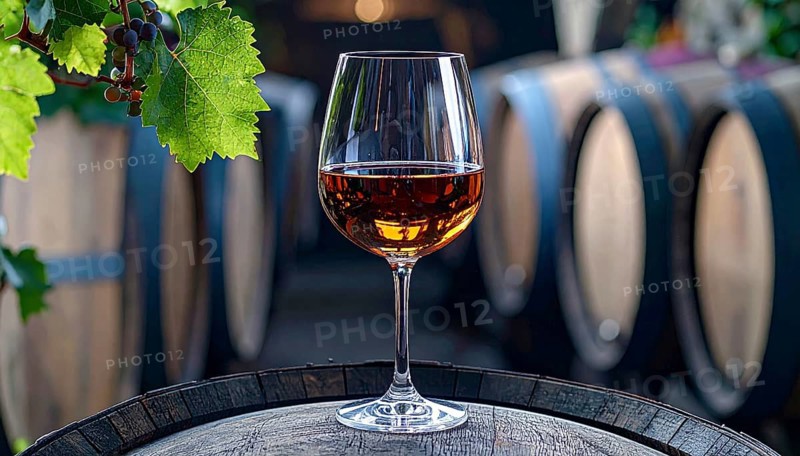 A glass of 10-year-old tawny wine placed on a barrel in a vineyard restaurant, vineyard landscape in blurred background, AI generated