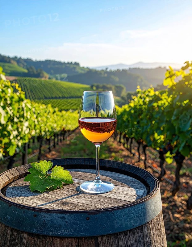 A glass of 10-year-old tawny wine placed on a barrel in a vineyard restaurant, vineyard landscape in blurred background, AI generated