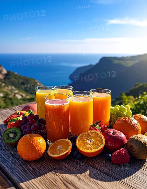 Fresh fruit juices in glasses, surrounded by colorful fruits, showcasing healthy drinking and eating, fitness and wellness lifestyle, AI generated