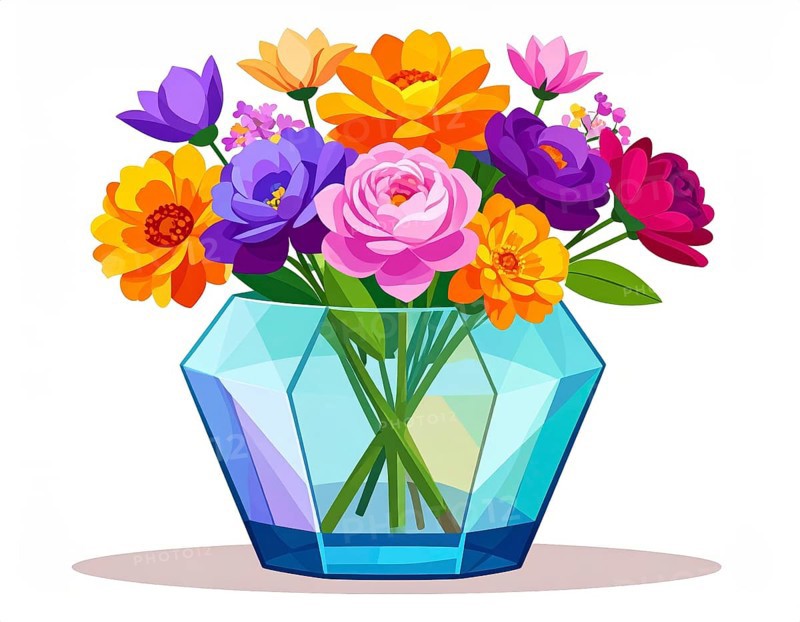 Crystal glass vase with vibrant blooming flowers, vibrant vector drawing illustration for fresh spring background, AI generated