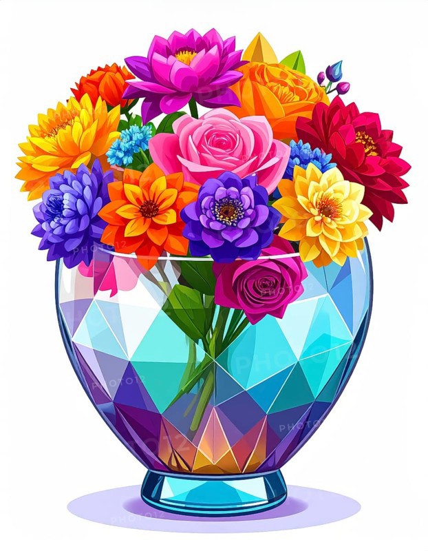Crystal glass vase with vibrant blooming flowers, vibrant vector drawing illustration for fresh spring background, AI generated
