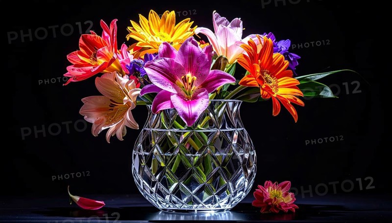 Crystal glass vase with vibrant blooming flowers, fresh spring and summer concept, AI generated