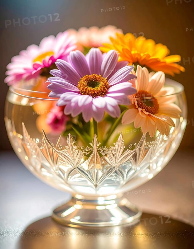 Crystal glass vase with vibrant blooming flowers, fresh spring and summer concept, AI generated