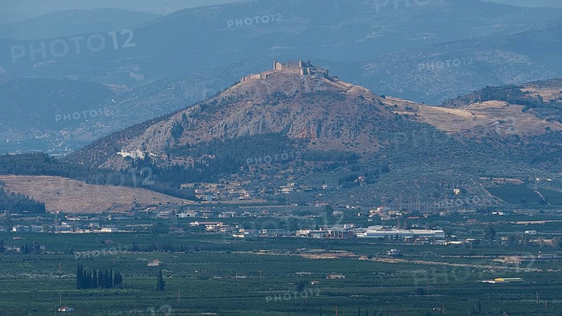 View of a fortress located on a hill, view of the plain, archaeological site, UNESCO World Heritage Site, Mycenae, Mycenae, important city in pre-classical times, Peloponnese, peninsula, Greece