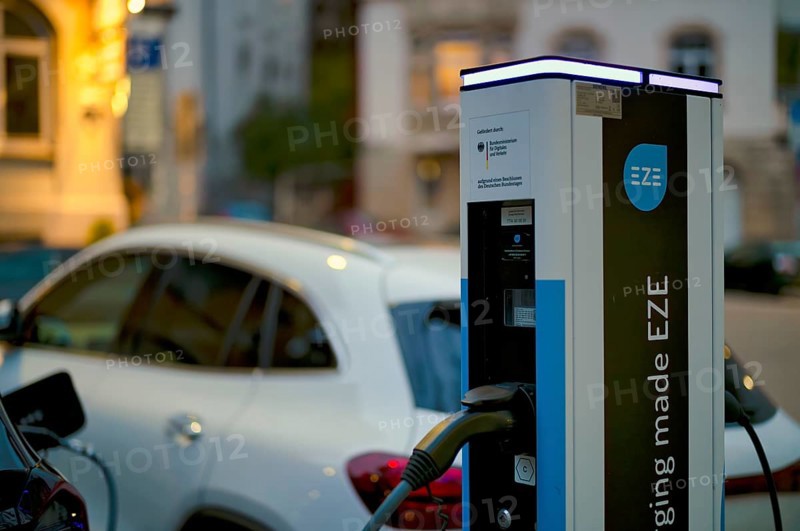 Parking lot with gas pump, EZE Network charging station, SICHARGE model for electric cars, charging station, e-mobility, e-car, pictogram, logo, Stuttgart, Baden-Württemberg, Germany
