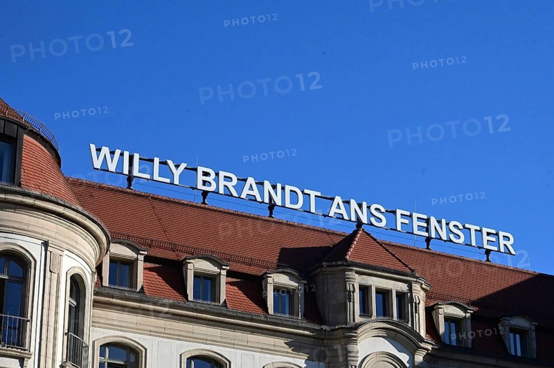 Willy Brandt lettering on the window at the hotel where Brandt visited during GDR times and showed himself at the window