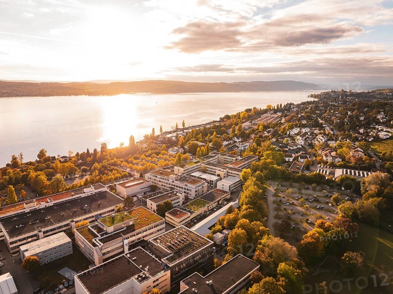 An aerial view of a waterside city surrounded by an autumn landscape, Überlingen, Lake Constance, Germany