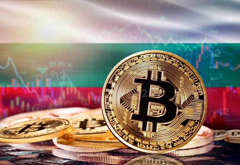 Bitcoin with Bulgaria flag in the background. Investors in cryptocurrency and Blockchain Technology in Bulgaria, Concept