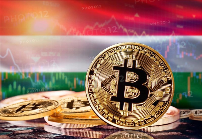 Bitcoin with Hungary flag in the background. Investors in cryptocurrency and Blockchain Technology in Hungary, Concept