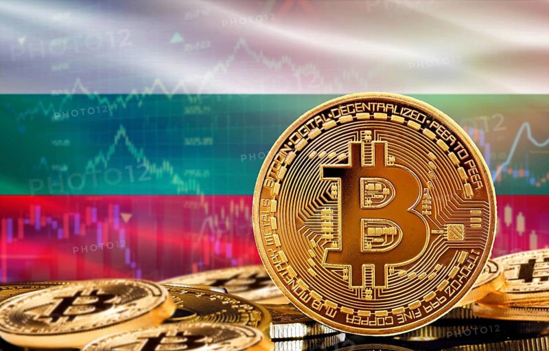 Investors in cryptocurrency and Blockchain Technology in Bulgaria, Concept. Bitcoin with Bulgaria flag in the background