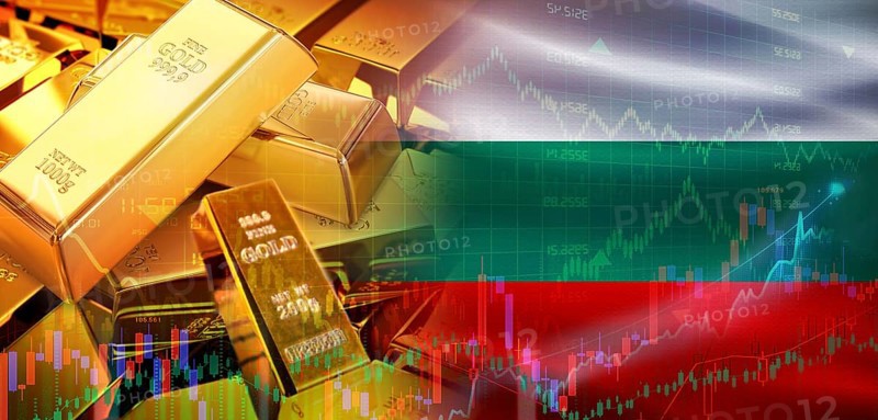 Gold bars stacked on Bulgarian flag. Bulgaria gold reserves, Concept