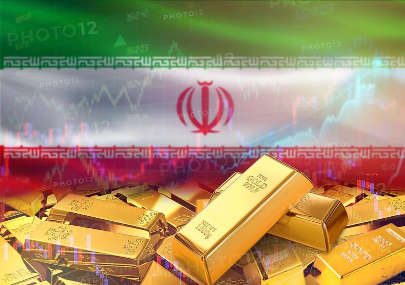 Gold bars on Iran flag in background. Gold bars stacked on Iranian flag. Concept of Iran gold reserves
