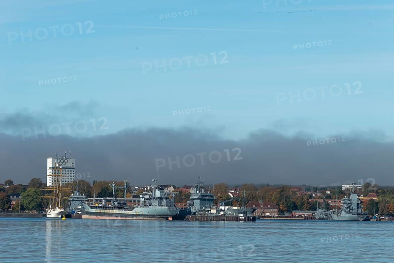 Kiel naval port, district of Wik, sailing school ship Gorch Fock in their home port, fuel transporter A1442 Spessart of the German Navy, Olympic rings, Schleswig-Holstein, Germany