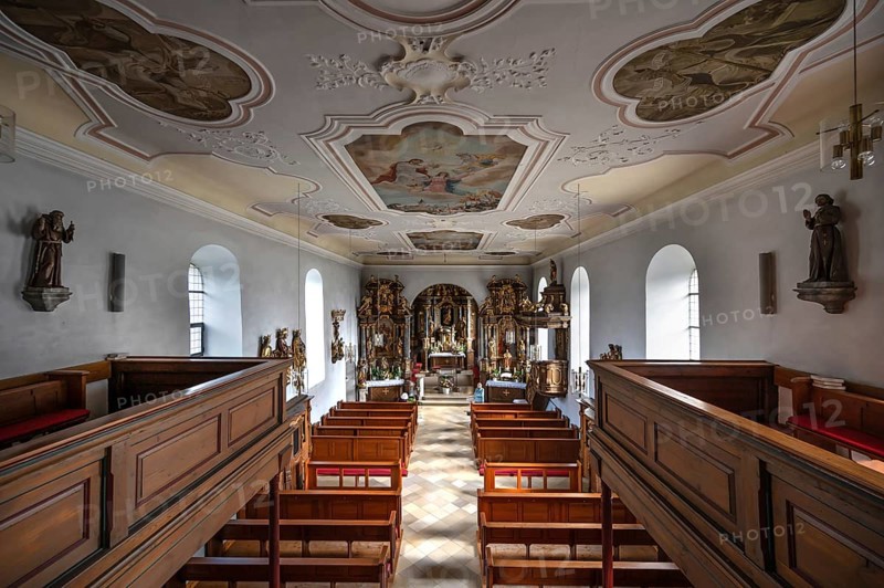 View from the organ gallery into the church of the Nativity of Mary, fortified church, third-largest fortified church in Germany, Hannberg, Middle Franconia, Bavaria, Germany