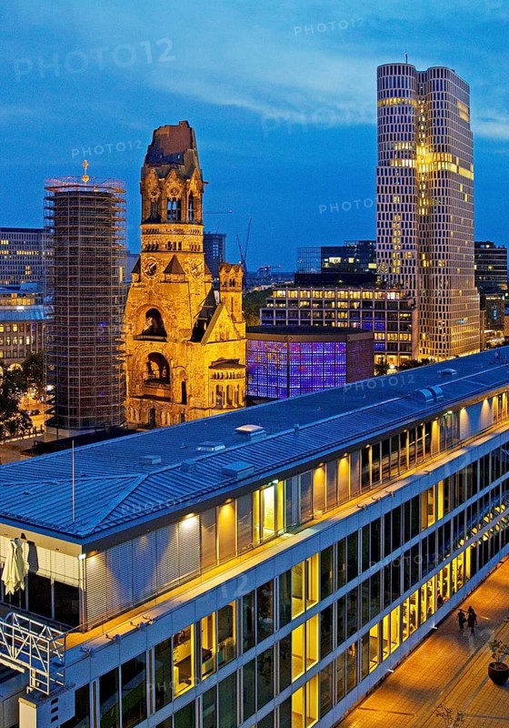 Bikini Berlin with Kaiser Wilhelm Memorial Church from an elevated position in the evening, Charlottenburg, Berlin, Germany