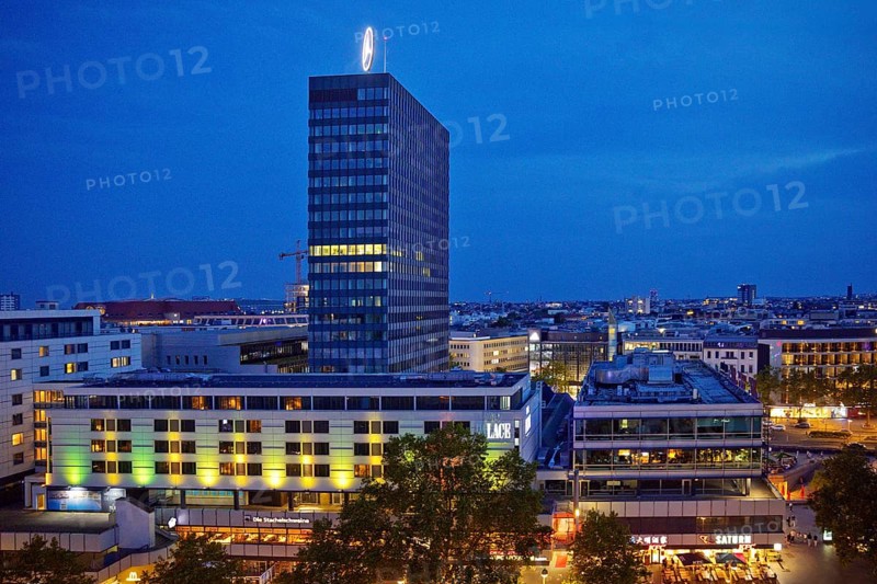 Europa-Center seen from an elevated position in the evening, Charlottenburg, Berlin, Germany