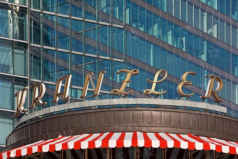 Historic logo of Café Kranzler with modern office building on Kurfürstendamm, Charlottenburg, Berlin, Germany