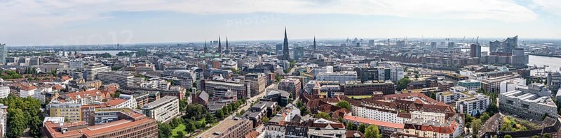 Panorama, city view, view over the city with church towers, town hall tower and Elbphilharmonie, from the tower of St Michael's Church, Hamburg, Germany