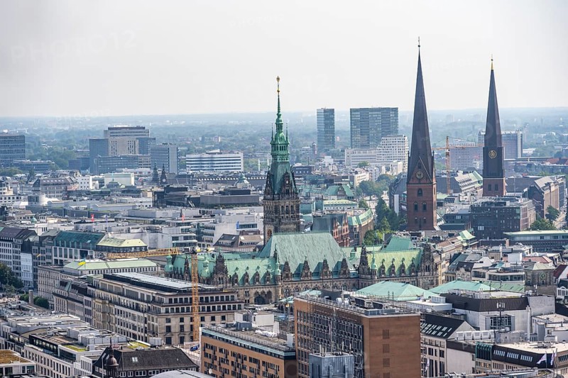 City view, view over the city with church towers and town hall tower, from the tower of St Michael's Church, Hamburg, Germany