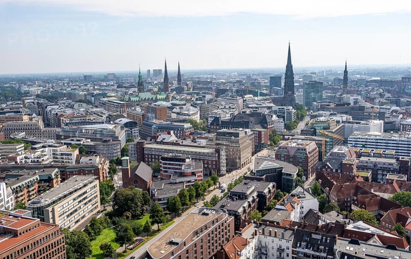 City view, view over Hamburg city centre with church towers and town hall tower, from the tower of St. Michael's Church, Hamburg, Germany