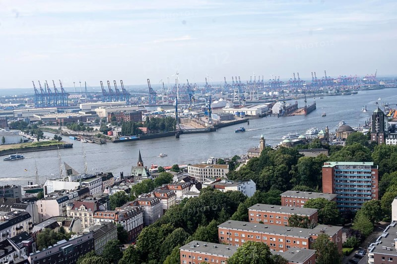 City view, view of the Elbe with St. Pauli Landungsbrücken and Hamburg harbour, from the tower of St. Michael's Church, Hamburg, Germany