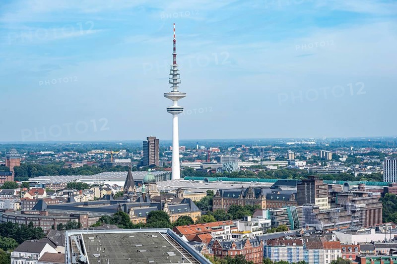 City view, view of television tower, from the tower of St Michael's Church, Hamburg, Germany