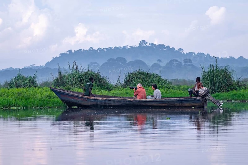 Boat with tourists in Mabamba Swamp, tourists photographing birds, Mabamba Swamp, Lake Victoria, Uganda