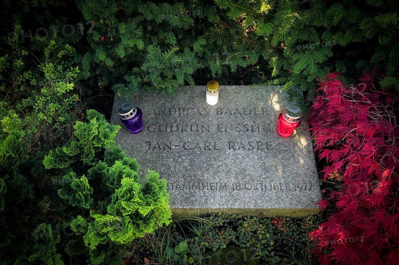 Grave, tomb, burial place of RAF Red Army Faction members, terrorists, Andreas Baader, Gudrun Ensslin, Jan Carl Raspe, buried after suicide on the night of death on 18 October 1977, Stammheim Prison, Dornhalden Cemetery, Stuttgart, Baden-Württemberg, Germany