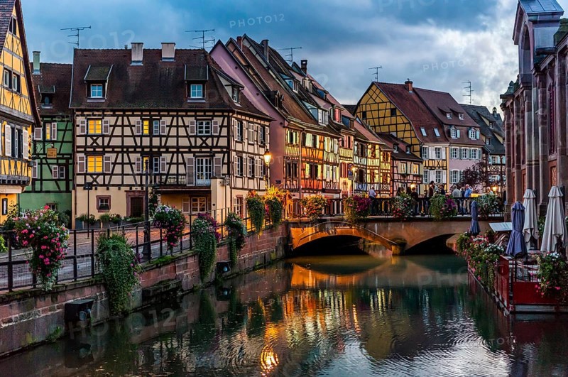 Evening atmosphere in Petite Venise in the old town of Colmar, France