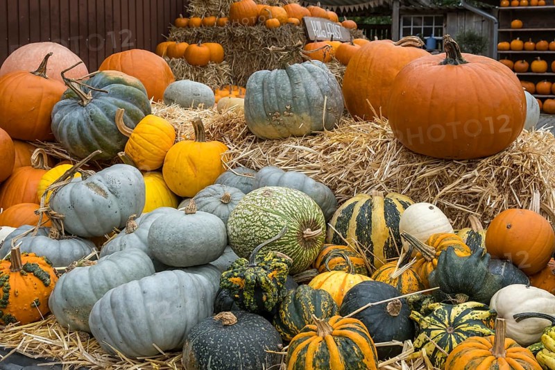 A colourful collection of pumpkins on straw bales, autumn atmosphere and rural scene, Münsterland, North Rhine-Westphalia, Germany