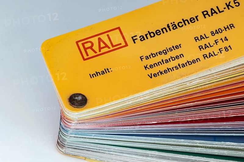 RAL colour fan. RAL colours are standardised colours from the RAL German Institute for Quality Assurance and Labelling. Stuttgart, Baden-Württemberg, Germany