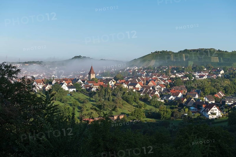 Idyllic village with church surrounded by hills, morning mist and green landscape, Rems Valley, Korb-Steinreinach municipality, Korber Kopf in the background, Baden-Württemberg, Germany