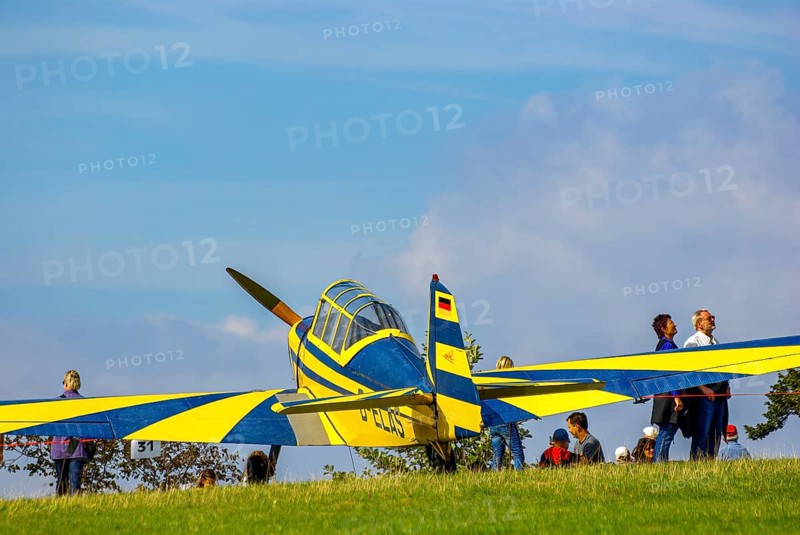 A Moravan Zlin Z126 multi-purpose aircraft parked at the edge of the airfield during an air show at Rossfeld in Metzingen-Glems, Baden-Württemberg, Germany, for editorial use only