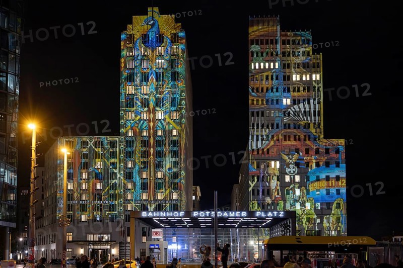 The Ritz-Carlton Hotel, Potsdamer Platz, 21st BERLIN FESTIVAL OF LIGHTS, motto Let's Shine Together, light installations, 8 October 2025, Berlin, Germany, opening day in drizzle < english> 21st BERLIN FESTIVAL OF LIGHTS, motto Let's Shine Together, light installations, October 8, 2025, Berlin, Germany