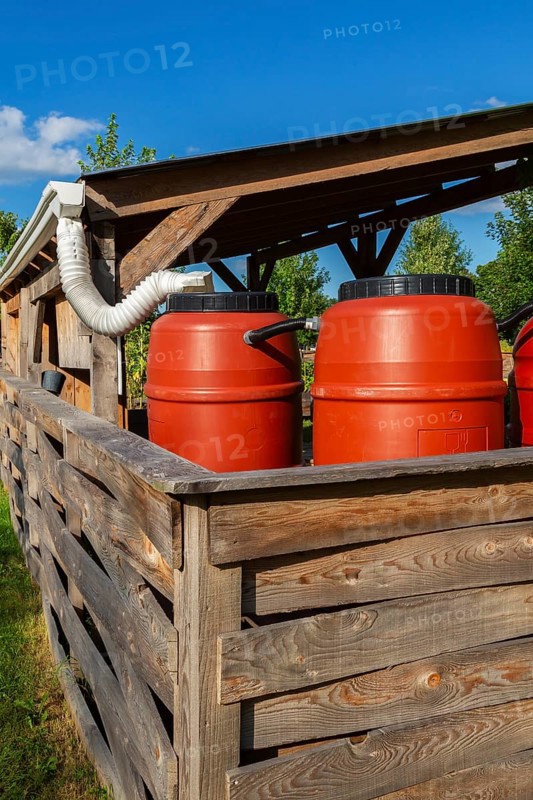 Reddish brown plastic water butts collecting and storing rain water from white plastic downspout in community garden enclosure in summer, Quebec, Canada