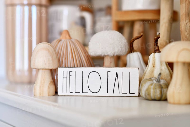 Germany - October 2025: Boho autumn home decor with ceramic pumpkin, wooden mushroom and Hello Fall sign in neutral tones