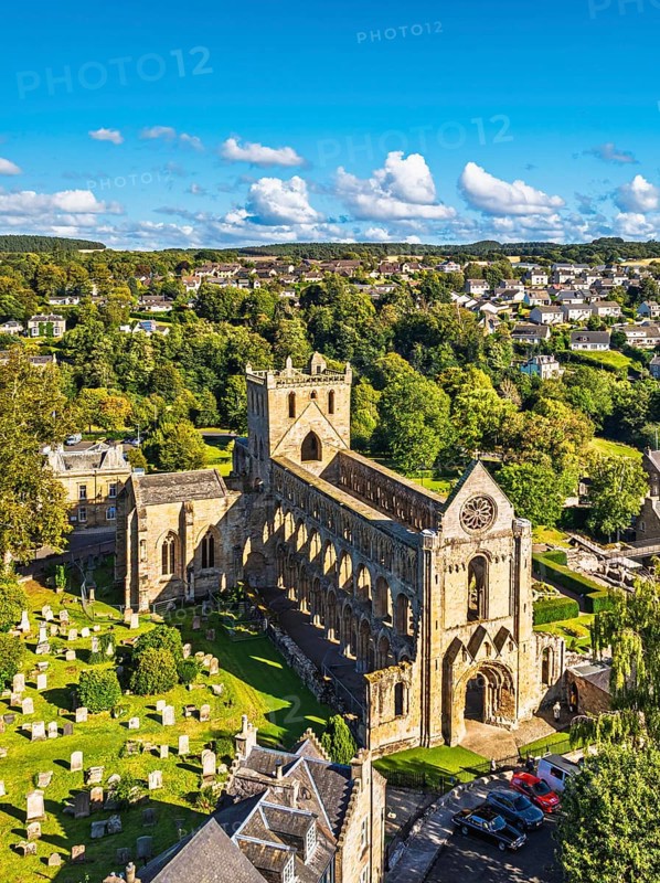 Jedburgh Abbey from a drone, Augustinian Abbey, Jedburgh, Scottish Borders, Scotland, UK