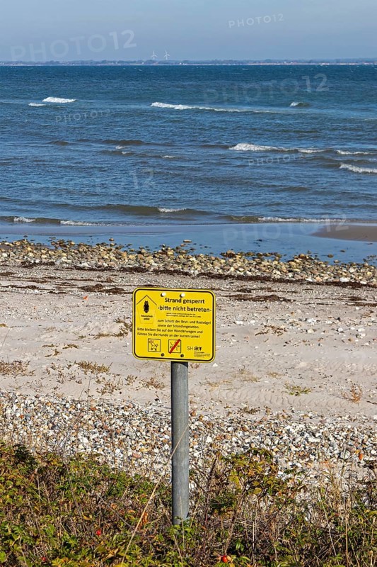 No trespassing sign on the beach, Baltic Sea, Geltinger Birk nature reserve, Nieby, Schleswig-Holstein, Germany