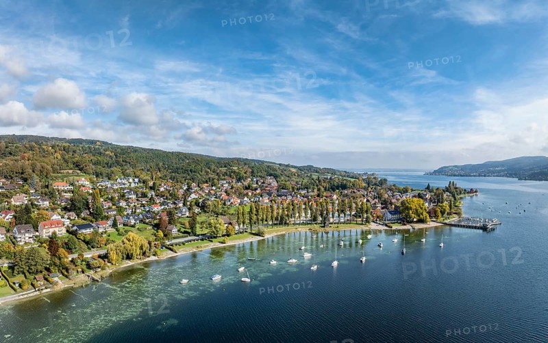Aerial view, panorama of the village of Wangen on the Höri peninsula with boat moorings and jetty on the lakeshore, Lake Rhine, Lake Constance, Constance district, Baden-Württemberg, Germany