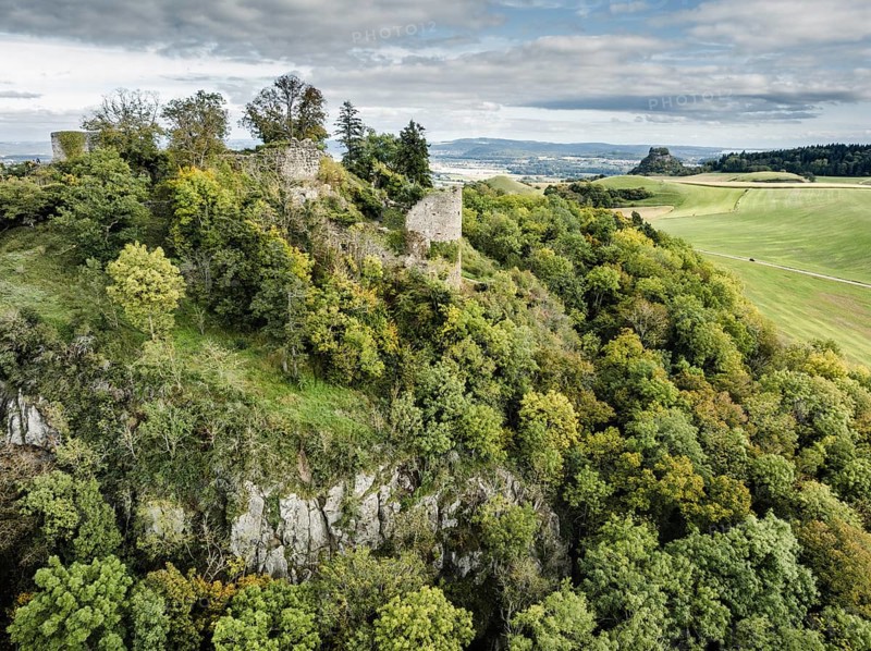 Aerial view of the Hegau volcano and the Mägdeberg castle ruins, with the Hohenkrähen on the horizon, district of Constance, Baden-Württemberg, Germany