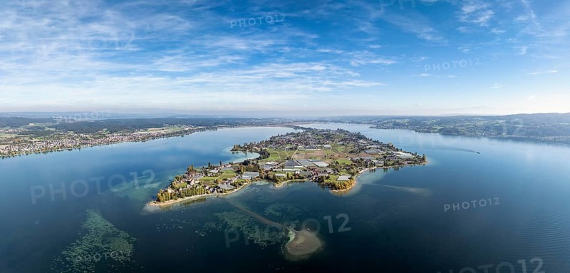 Aerial view, panorama of the island of Reichenau in Lake Constance, district of Constance, Baden-Württemberg, Germany