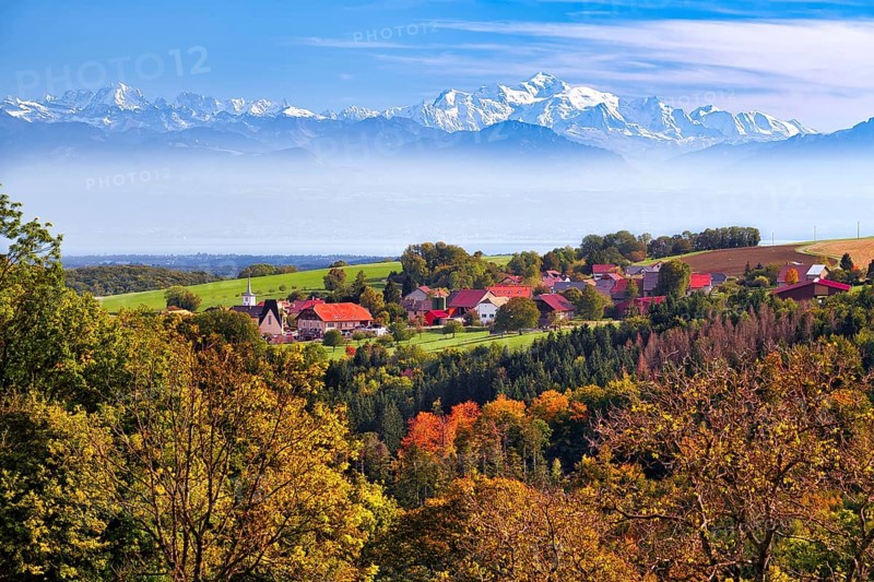 Village of Juriens in the Vaud Jura with view of Mont Blanc, haze over Lake Geneva, autumn-coloured deciduous trees in front, Canton of Vaud, Switzerland