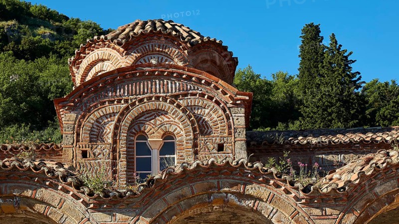 Church of Agia Sophia from the 14th century AD, Detailed view of Byzantine architecture with window and roof, Mystras, Mistra, UNESCO World Heritage Site, Medieval Byzantine ruined city, northwest of Sparta, foothills of the Tyagetos Mountains, Peloponnese, peninsula, Greece