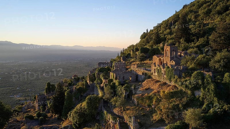 Church of Agia Sophia from the 14th century AD, Medieval ruins on a hill in the light of the sunset, surrounded by nature, Mystras, Mistra, UNESCO World Heritage Site, Medieval Byzantine ruined city, northwest of Sparta, foothills of the Tyagetos Mountains, Peloponnese, peninsula, Greece